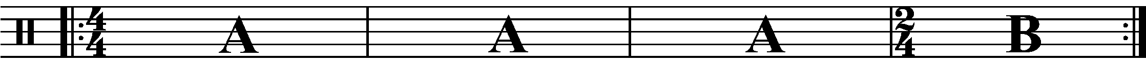 A four bar phrase using 2/4 for the 'B' section.