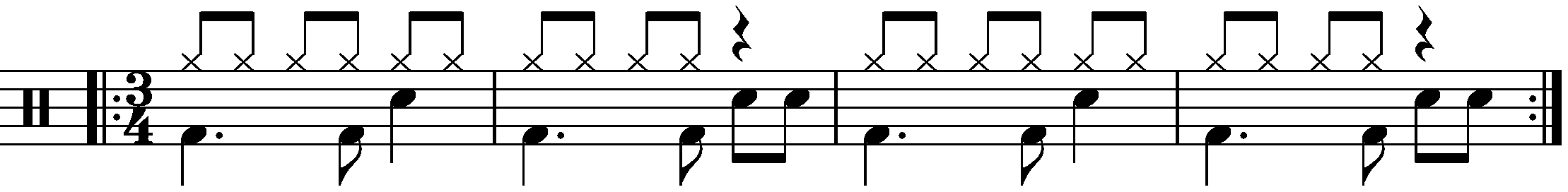 A repeated two bar phrase in 3/4 using eighth note fills.