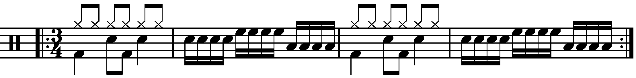 A repeated two bar phrase in 3/4 using sixteenth note fills.