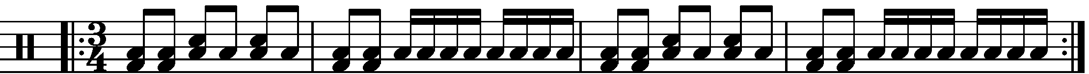 A repeated two bar phrase in 3/4 using sixteenth note fills.