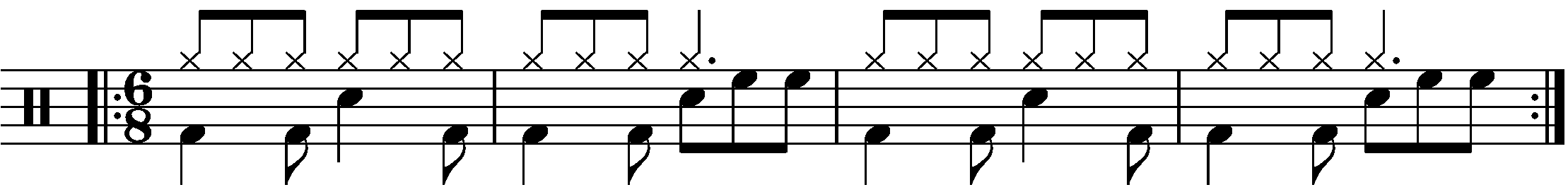 A repeated two bar phrase in 6/8 using eighth note fills.