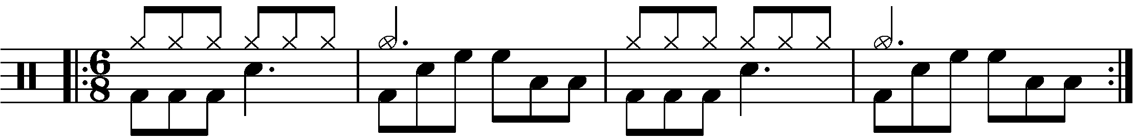 A repeated two bar phrase in 6/8 using eighth note fills.