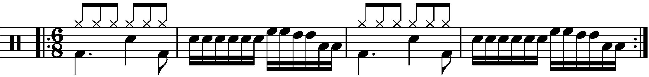 A repeated two bar phrase in 6/8 using sixteenth note fills.