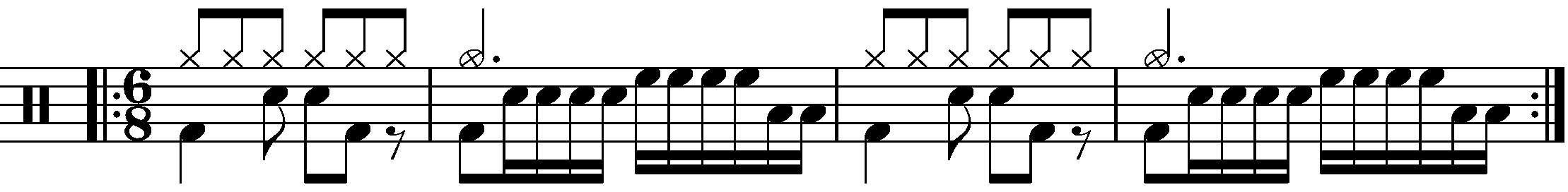 A repeated two bar phrase in 6/8 using sixteenth note fills.