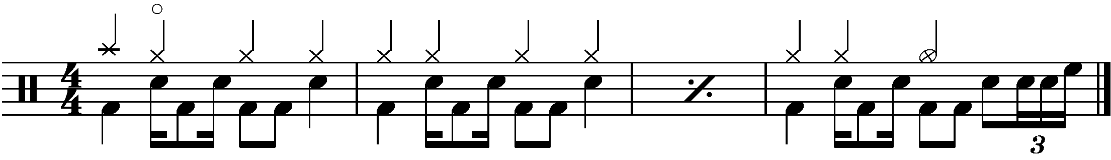 A four bar phrase using a quarter bar single stroke four fill