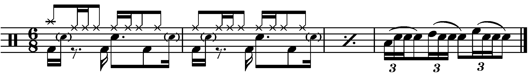 A four bar phrased using a four stroke roll fill in 6/8