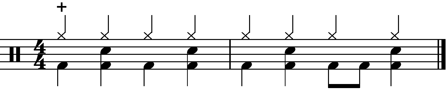 A two bar four on the floor groove with additional eighth notes