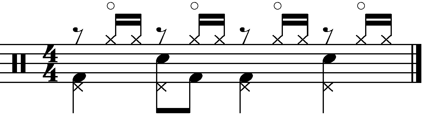 A groove with double offbeat 16th notes played with open hi hats