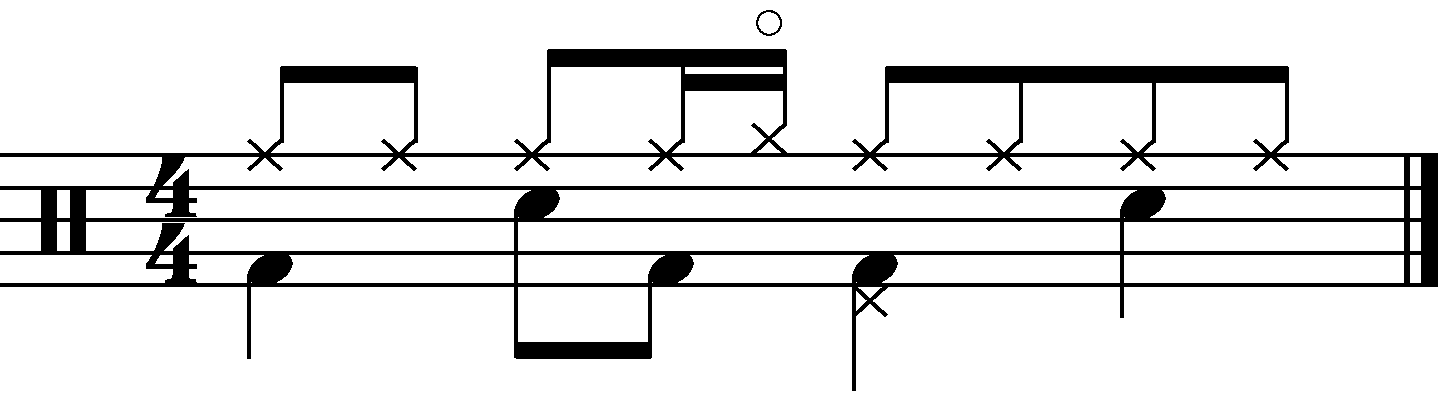 A ride groove with a sixteenth note open hi hat on the 'a' after beat 2
