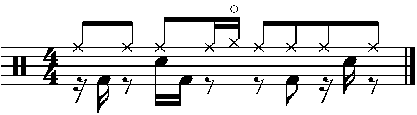 A ride groove with a sixteenth note open hi hat on the 'a' after beat 2