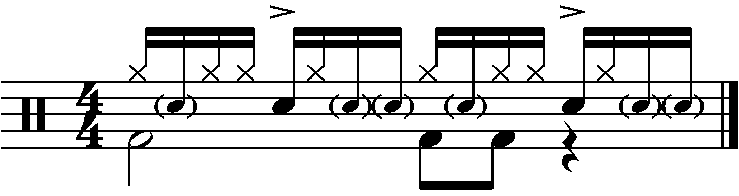 A paradiddle groove using ghosted snares