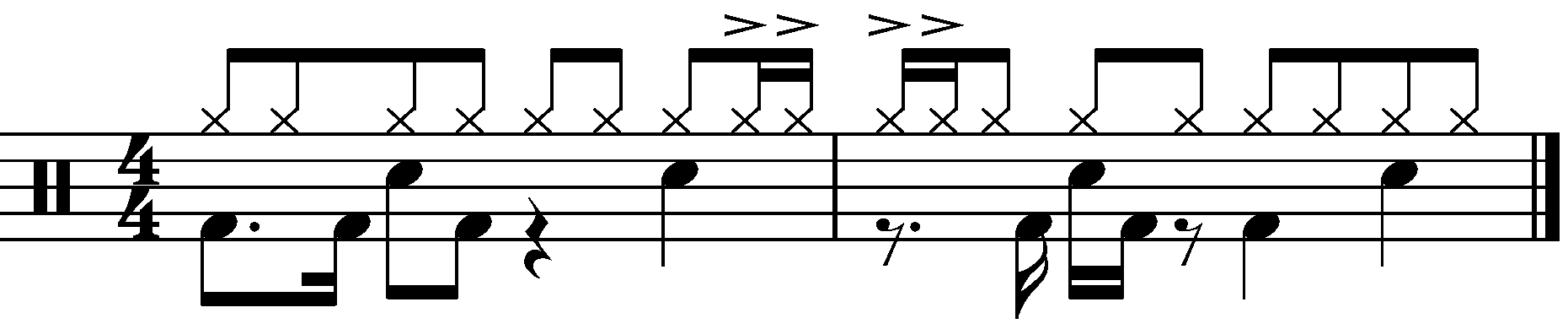 A two bar groove with staggered 16th note hi hat decoration