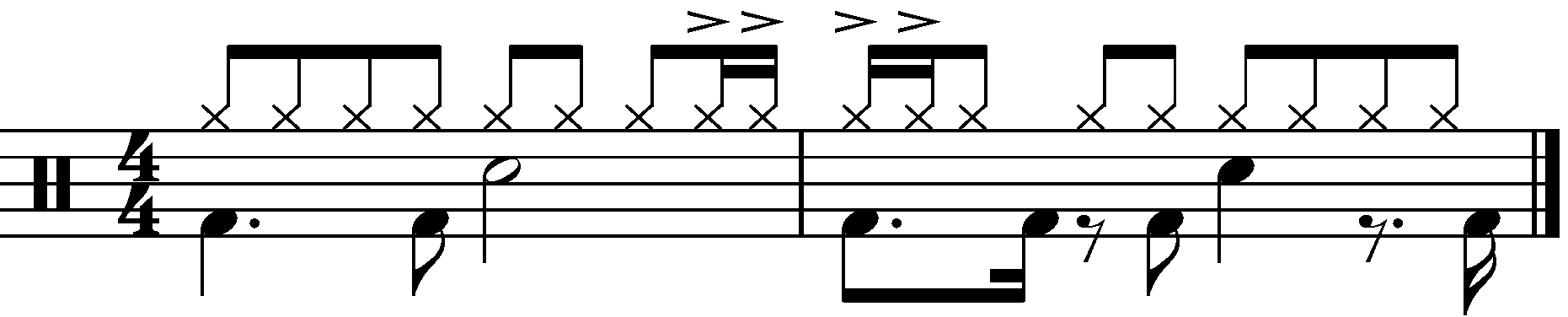 A two bar groove with staggered 16th note hi hat decoration