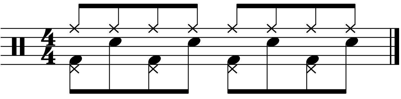 A double time groove where the left foot counts crotchets