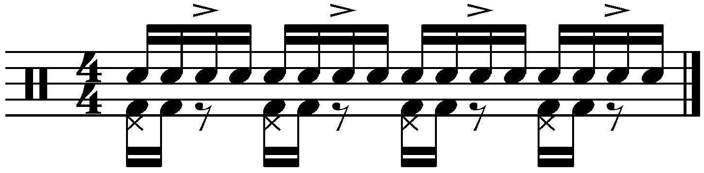 A double time train groove with a left foot quarter note count.