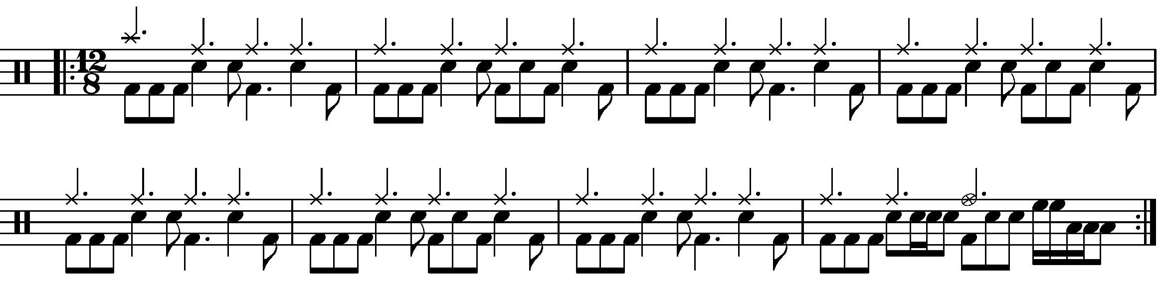 An eight bar phrase built of an AAAB pattern using 2 bar 12/8 grooves