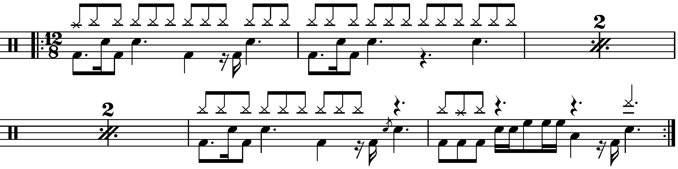 An eight bar phrase built of an AAAB pattern using 2 bar 12/8 grooves