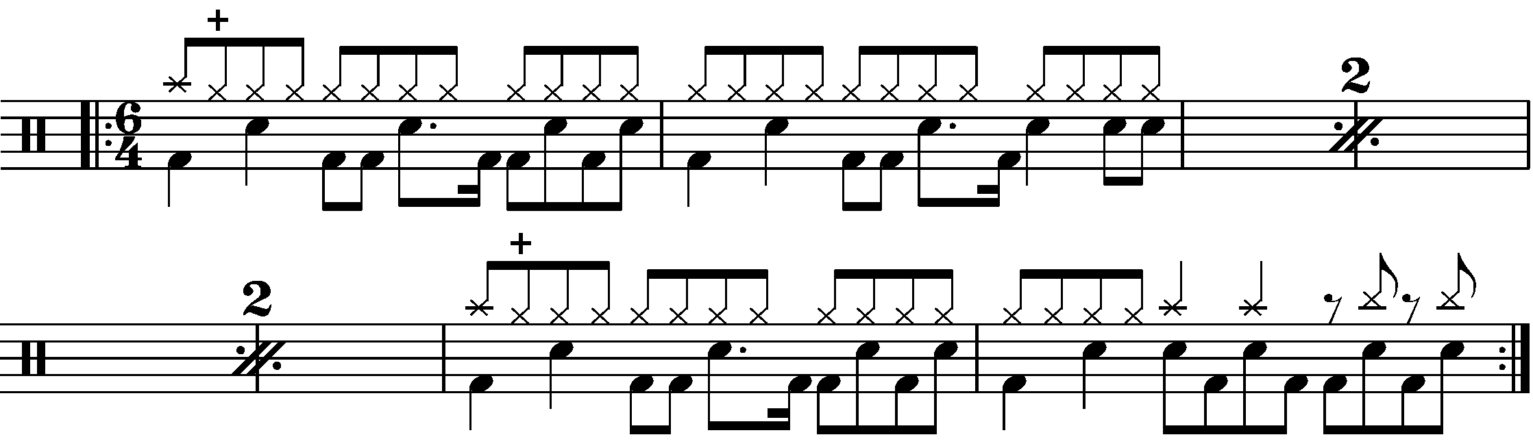 An eight bar phrase built of an AAAB pattern using 2 bar 6/4 grooves
