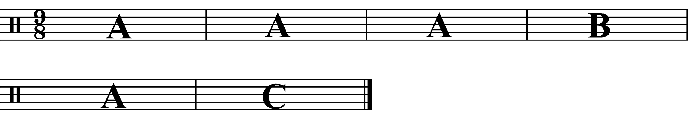 A six bar phrase made up of three separate sections.