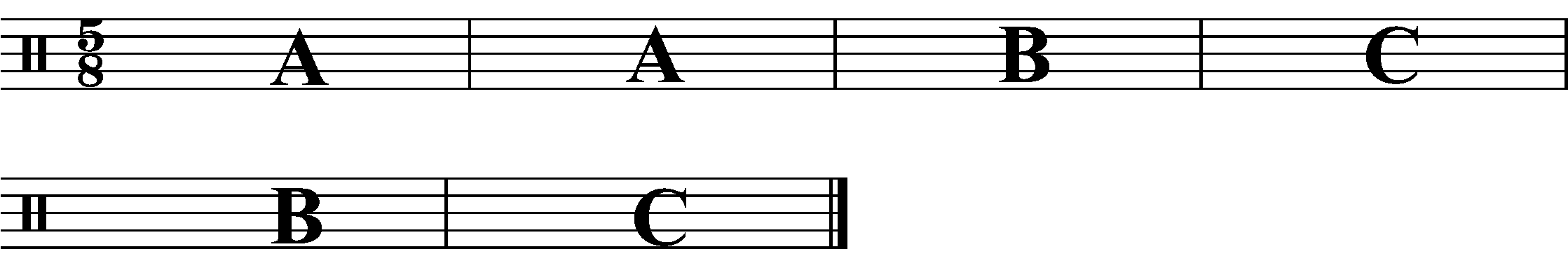 A six bar phrase using three structural sections.