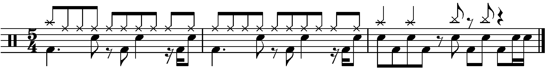 A three bar phrase in 5/4 made of two parts.
