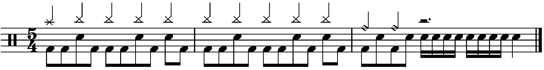 A three bar phrase in 5/4 made of two parts.