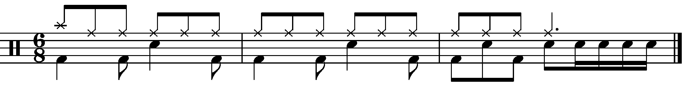 A three bar phrase in 6/8 made of two parts.