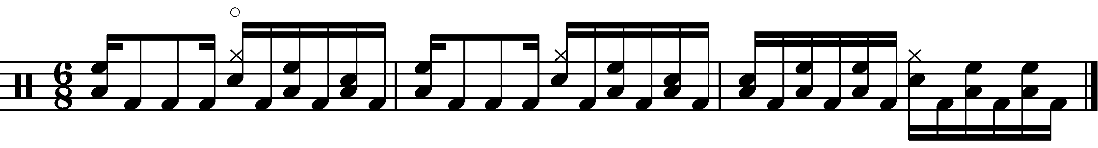 A three bar phrase in 6/8 made of two parts.