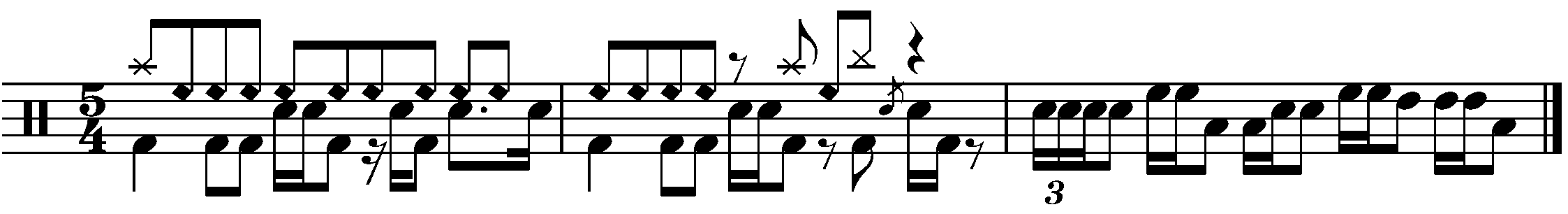 A three bar phrase in 5/4 made of three parts.