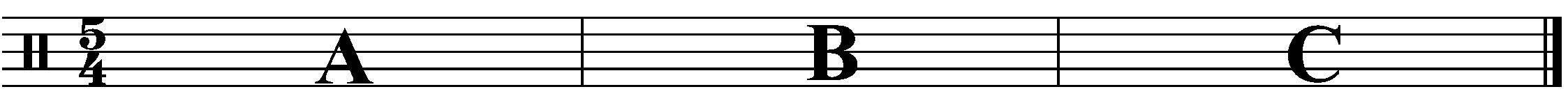 A three bar phrase made up of 3 different sections in the time signature of 5/4.