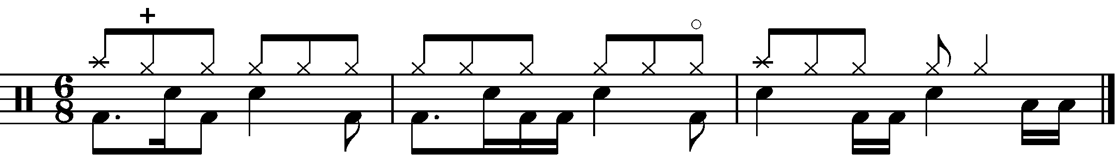 A three bar phrase in 6/8 made of three parts.