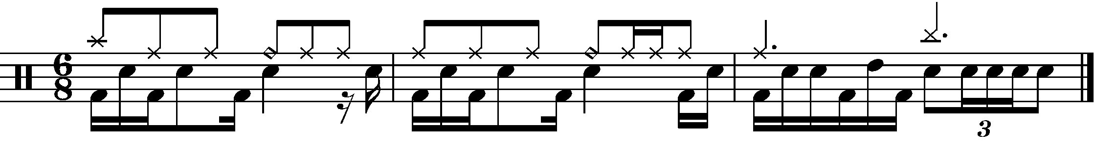 A three bar phrase in 6/8 made of three parts.
