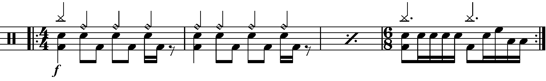 A four bar phrase using 4/4 and 6/8.