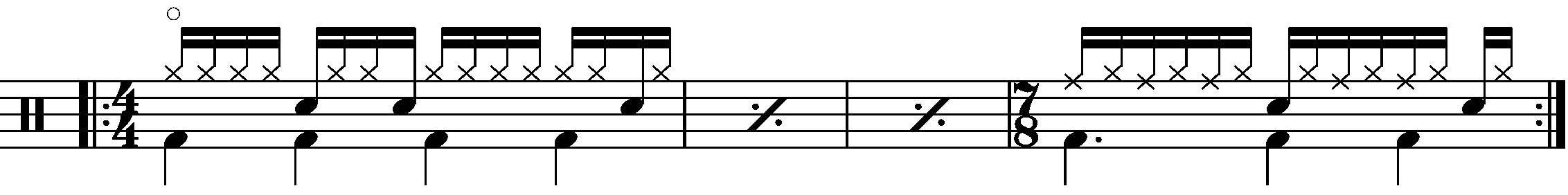 A four bar phrase using 4/4 and compound 7/8.