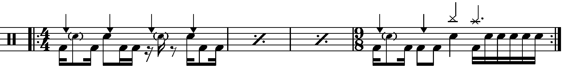 A four bar phrase using 4/4 and simple time 9/8.