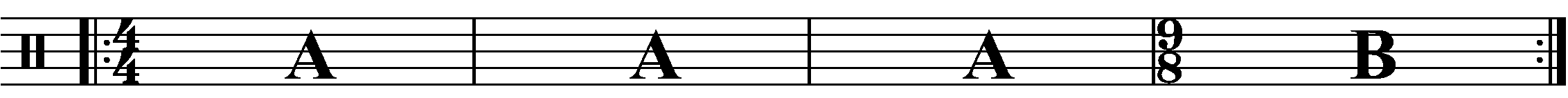 A four bar phrase using simple time 9/8 for the 'B' section.