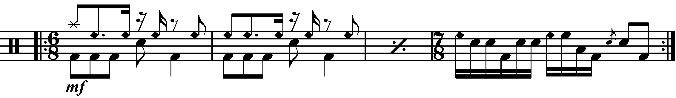 A four bar phrase using 6/8 and 5/8.