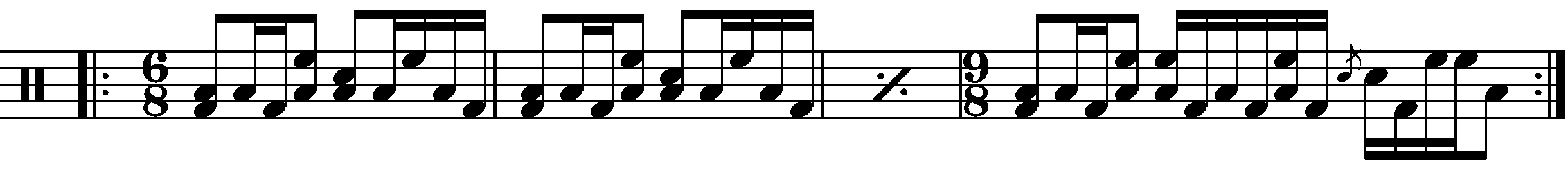 A four bar phrase using 6/8 and 9/8.