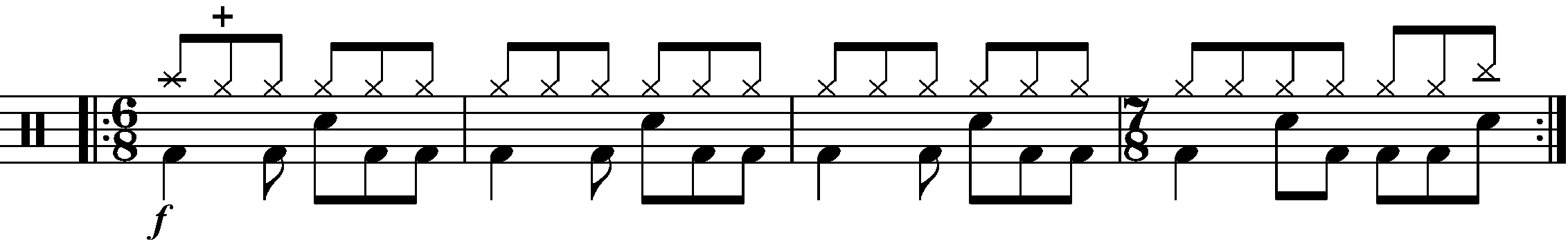 A four bar phrase using 6/8 and simple time 7/8.
