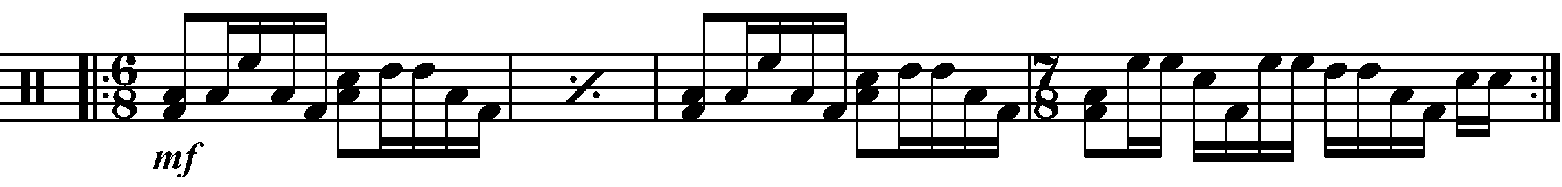 A four bar phrase using 6/8 and simple time 7/8.