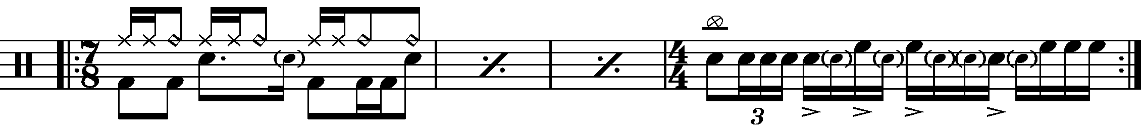 A four bar phrase using simple time 7/8 and 4/4