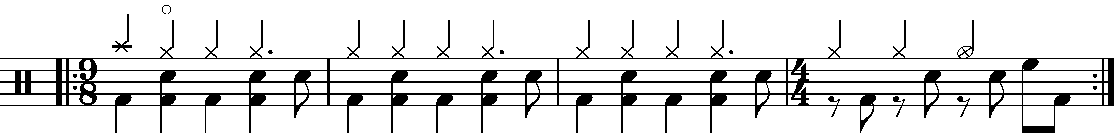 A four bar phrase using simple time 9/8 and 4/4