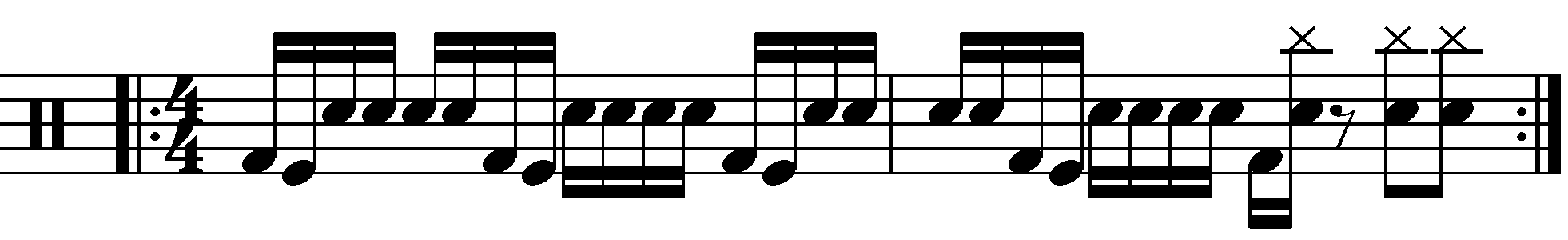 A two bar double kick fill using syncopated grouping.