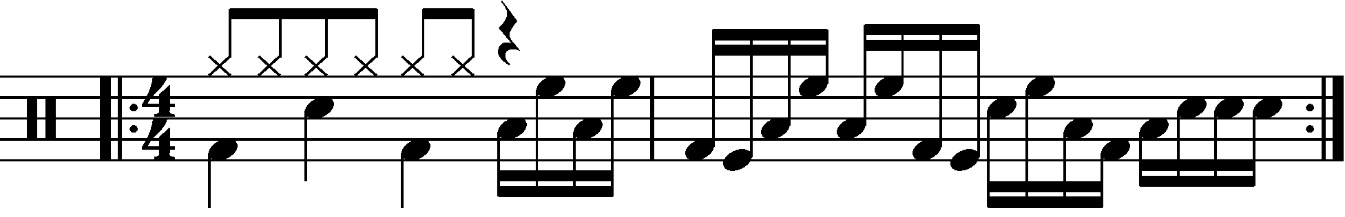 A two bar double kick fill using syncopated grouping.