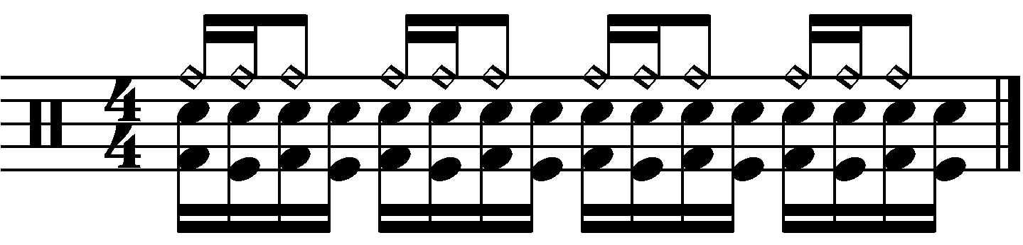 The constant sixteenth note blast beat with rhythmic right hand