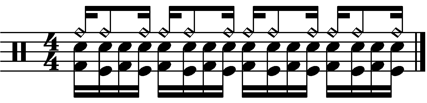 The constant sixteenth note blast beat with rhythmic right hand