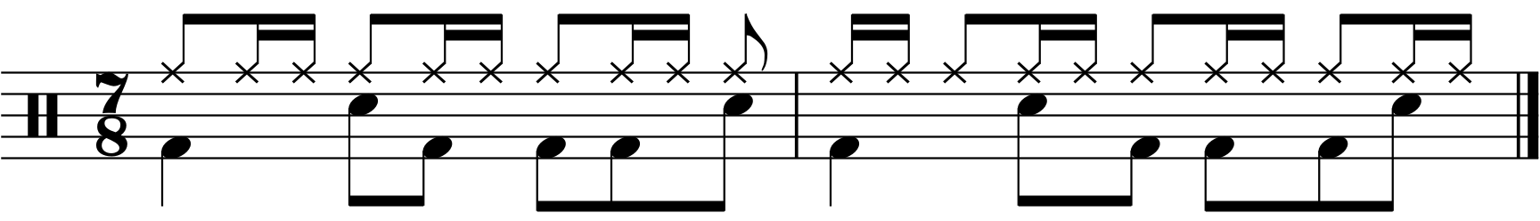 A two bar 7/8 grooves with a 1 a+ right hand
