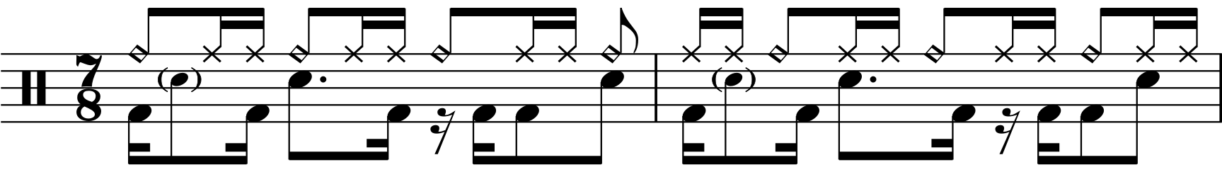 A two bar 7/8 grooves with a 1 a+ right hand