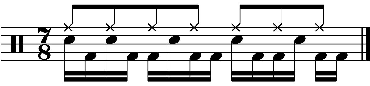 A 7/8 groove using a 3 3 2 2 rhythm