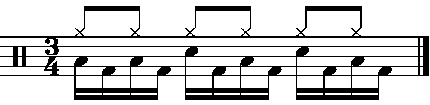 Eighth note hi hats, snare with the right.